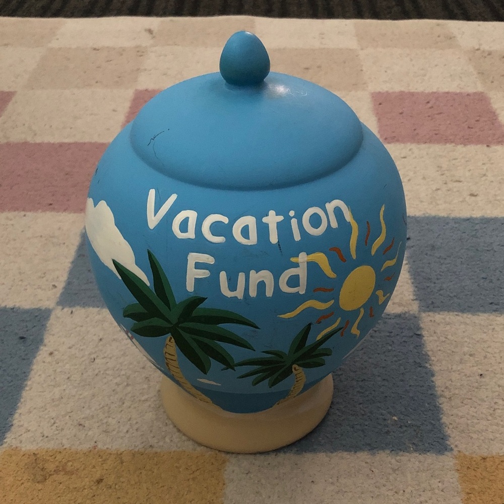 🛍️ Blue Vacation Fund Jar with Palm Tree Design